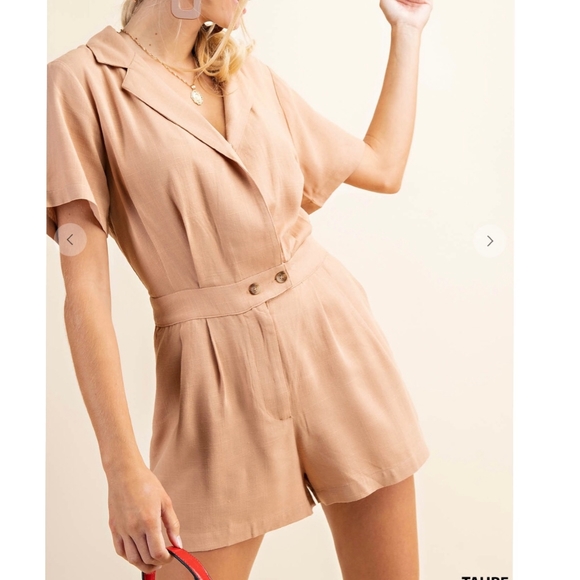 Kori America Taupe Sophisticated Chic Short Sleeves Romper - Picture 5 of 11